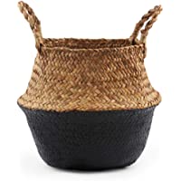 BlueMake Cesta de Almacenamiento Plegable de Mimbre Natural Tejida a Mano (Grande- Negro)